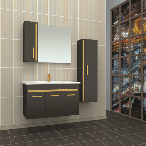 Arkadya 100 Cm Banyo Dolabı - Seramik Tezgah - Siyah Renkli