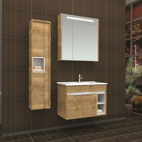 Berlin 100 Cm Banyo Dolabı - Ahşap Anita Rengi Led Aynalı