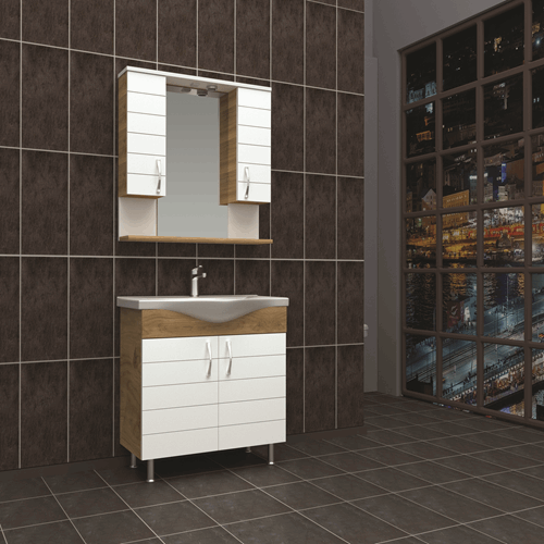 Dünya 80 Cm Banyo Dolabı - Beyaz Lake Kapaklı - Ahşap Desenli